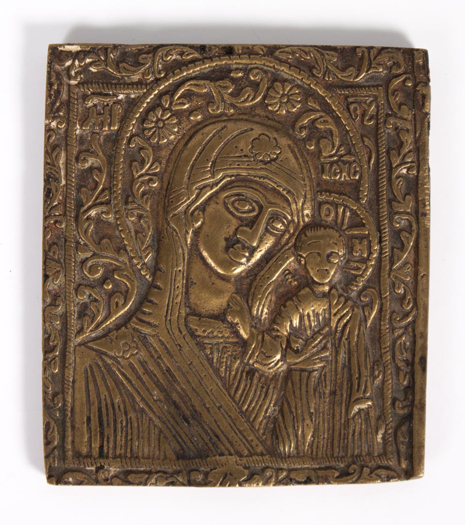 Appraisal: Russian brass devotional object th century with relief of Virgin