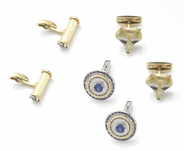 Appraisal: A collection of three pair of gem-set and gold cufflinks