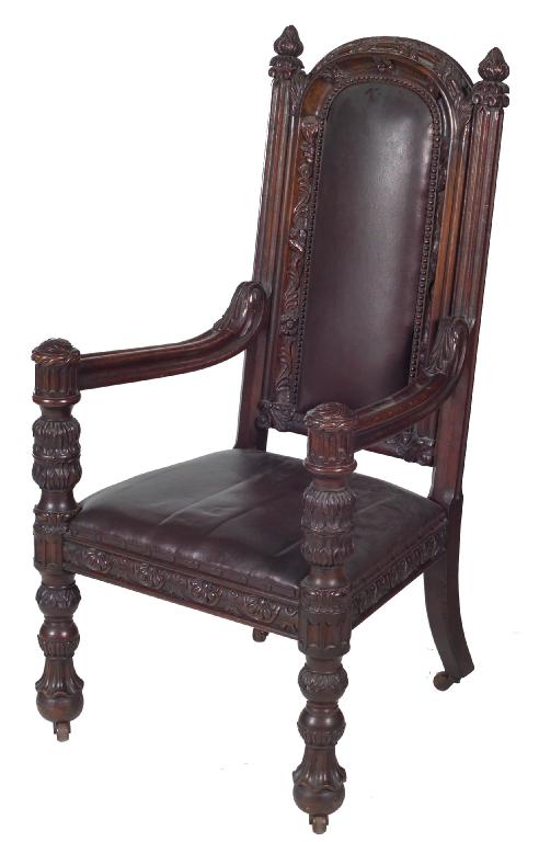 Appraisal: th CENTURY OAK REVIVALIST THRONE CHAIR the arched padded back