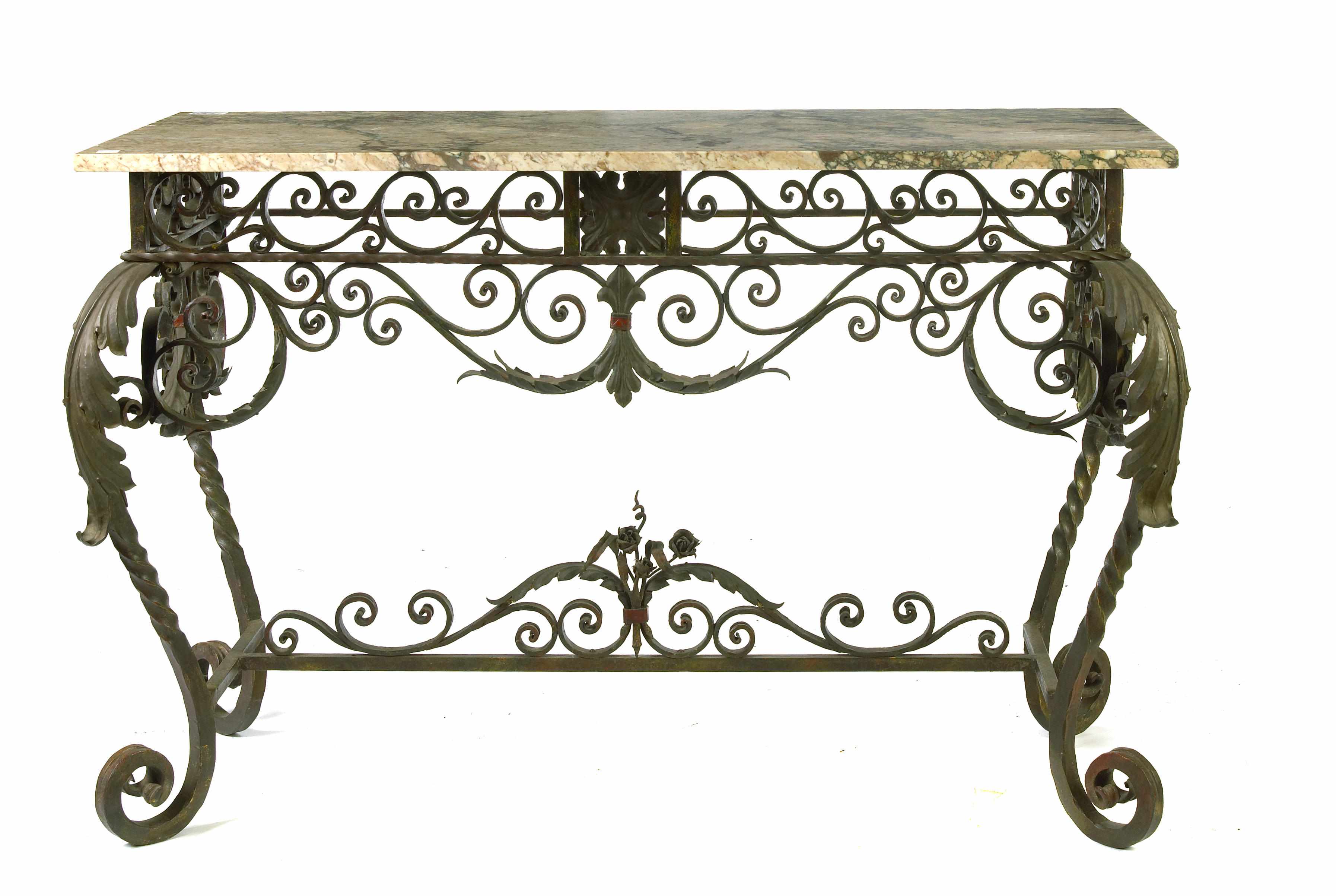 Appraisal: A Rococo style parcel gilt wrought iron and tole console