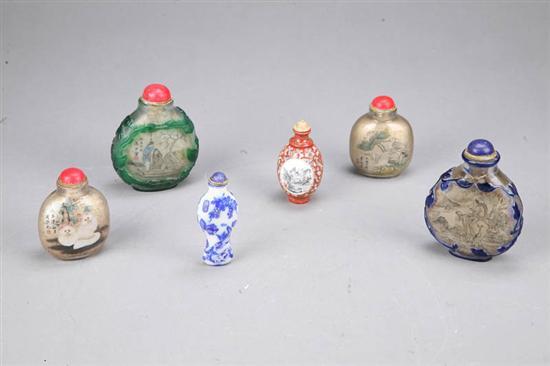 Appraisal: SIX SNUFF BOTTLES One porcelain one Peking glass four reverse