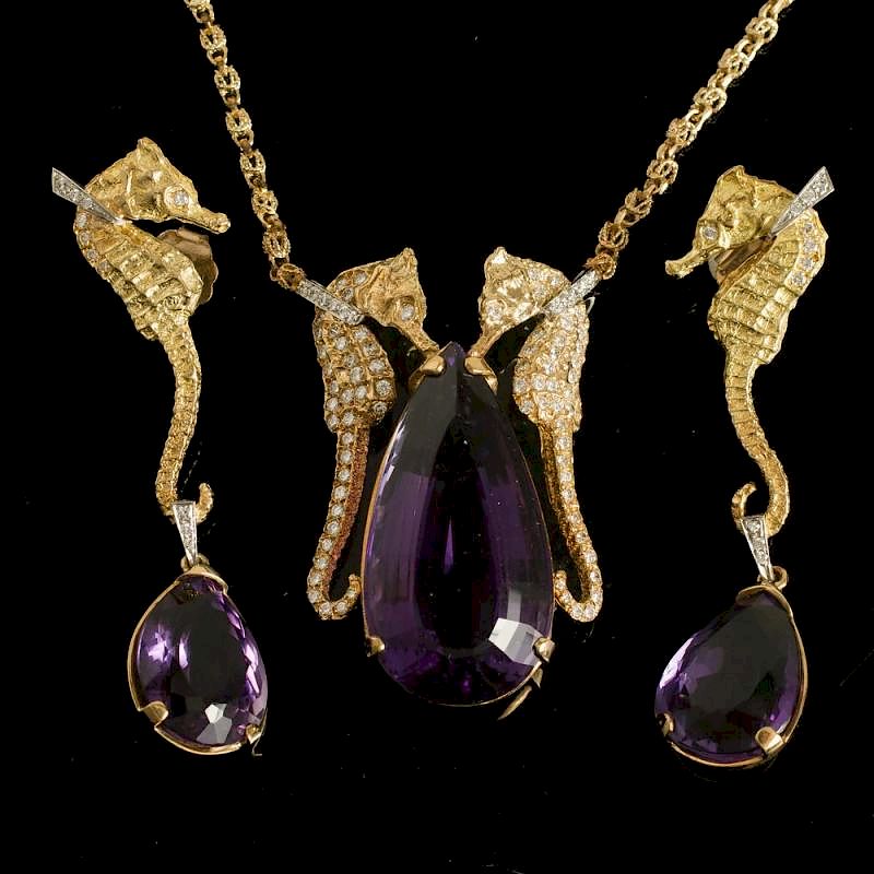 Appraisal: K Amethyst Diamond Pendant and Earrings Amethyst diamond k pendant