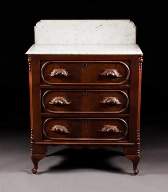 Appraisal: American Rococo Revival walnut marble-top three-drawer chest circa with later