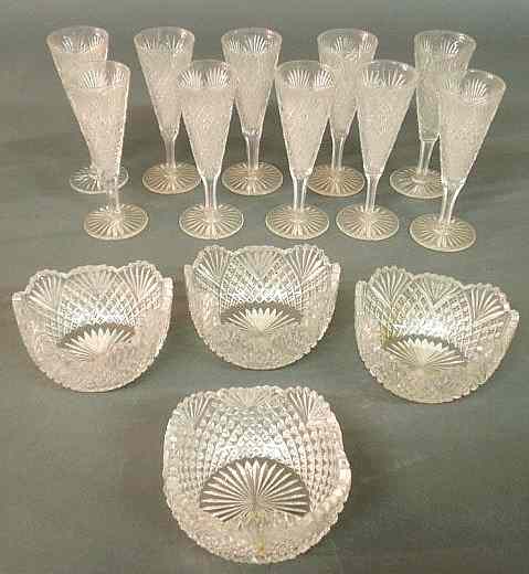 Appraisal: Ten cut glass champagne flutes h and five cut glass