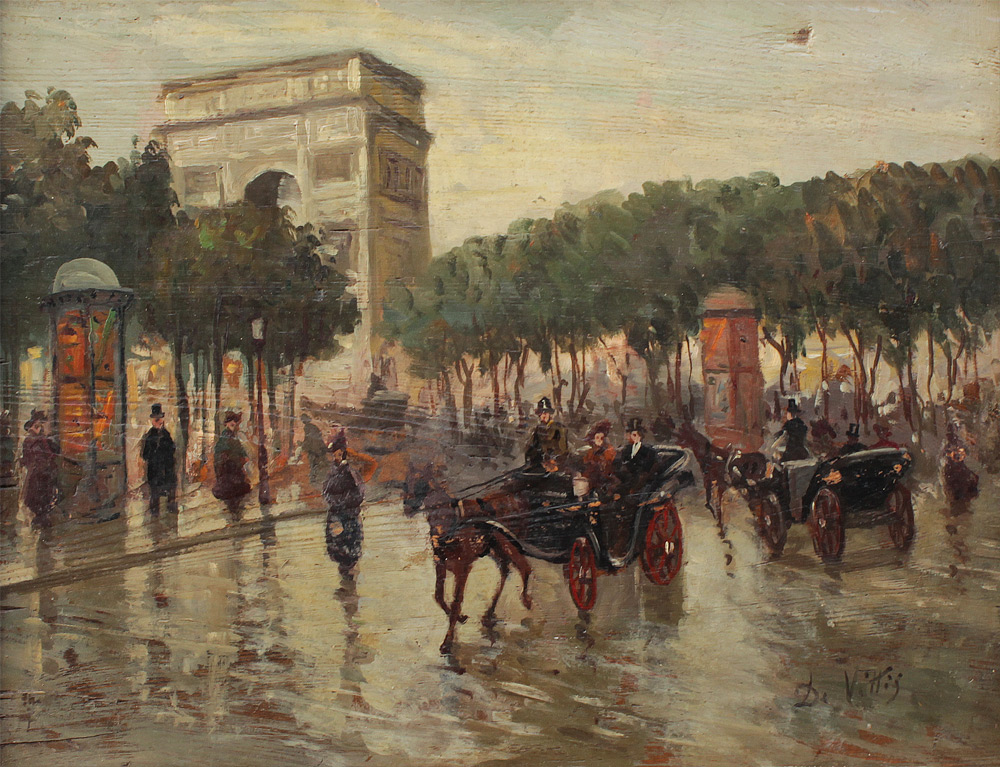 Appraisal: ILLEGIBLY SIGNED PARISIAN STREET SCENE PAINTING Scene Depicts The Arc