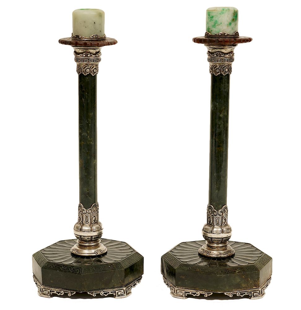 Appraisal: Manner Of Ed Farmer Jade Silver Candlesticks Pair of silver