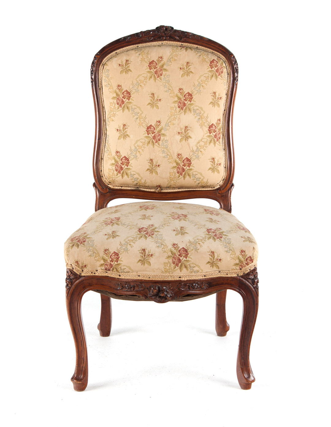 Appraisal: Louis XV style walnut upholstered side chair exposed floral carved