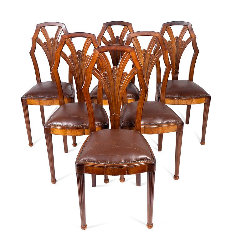 Appraisal: A Set of Six Art Deco Carved Walnut Dining Chairs