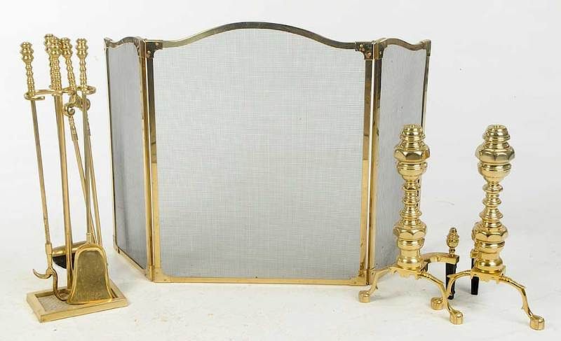 Appraisal: Set Classical Style Brass Fire Tools and Screen th century