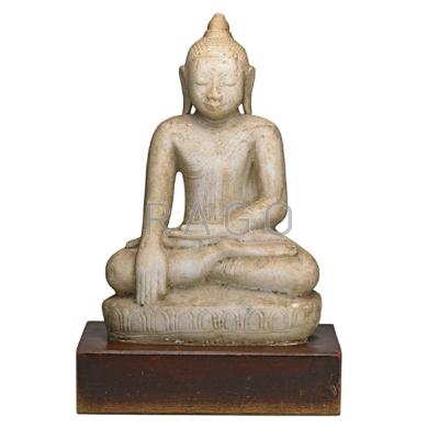 Appraisal: THAI CARVED STONE SEATED BUDDHA Mounted on wood base th