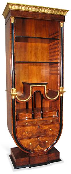 Appraisal: A Biedermeier style walnut secretaire cabinet Of lyre form fitted