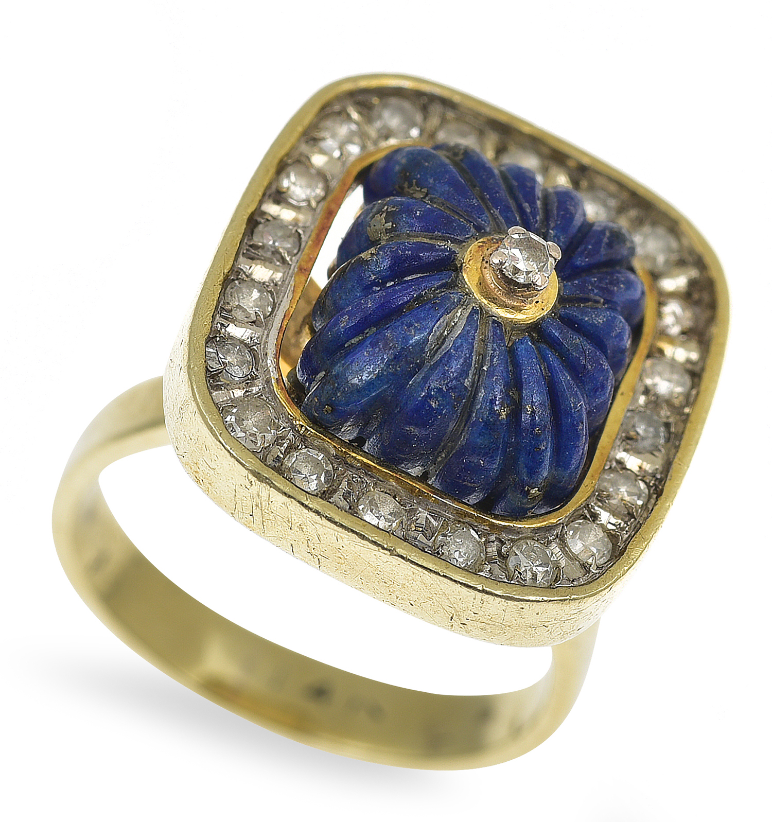 Appraisal: A LAPIS LAZULI AND DIAMOND RING Featuring a fluted panel