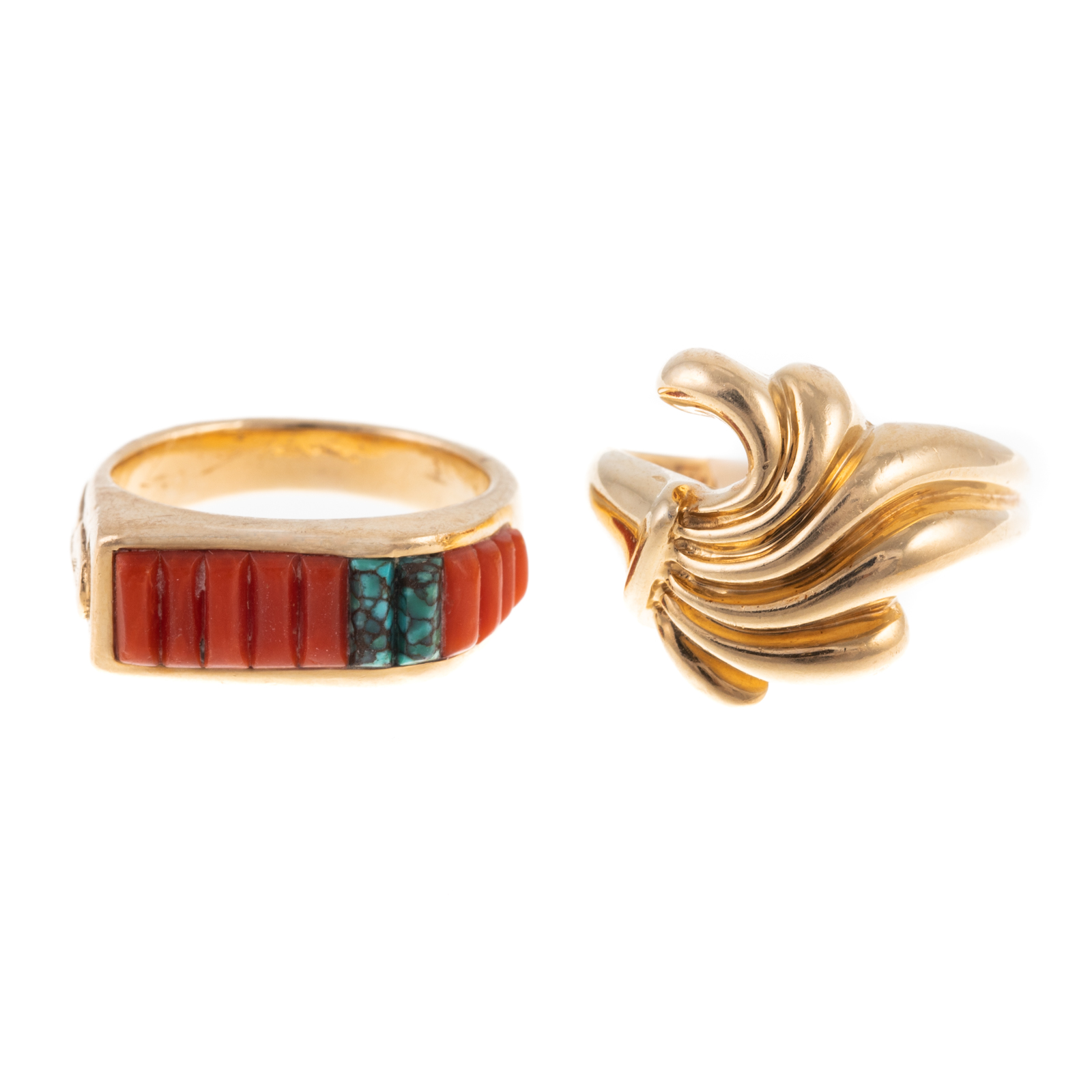 Appraisal: A CORAL TURQUOISE RING DOME RING K yellow gold ring