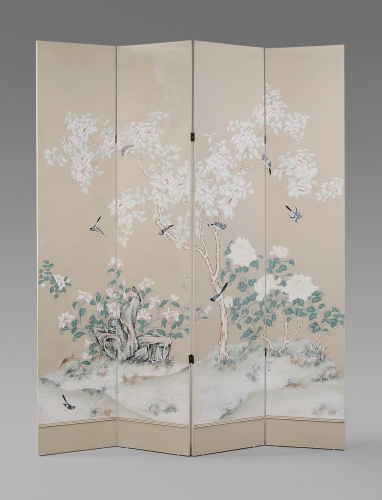 Appraisal: Paint-Decorated Four-Panel Room Screen modern finely painted landscape with songbirds