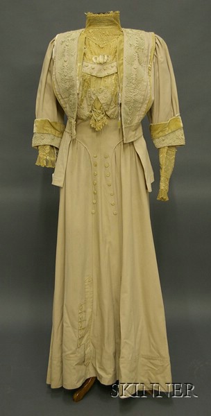 Appraisal: Late th Century Ecru Wool and Tan Velvet Two-piece Ensemble