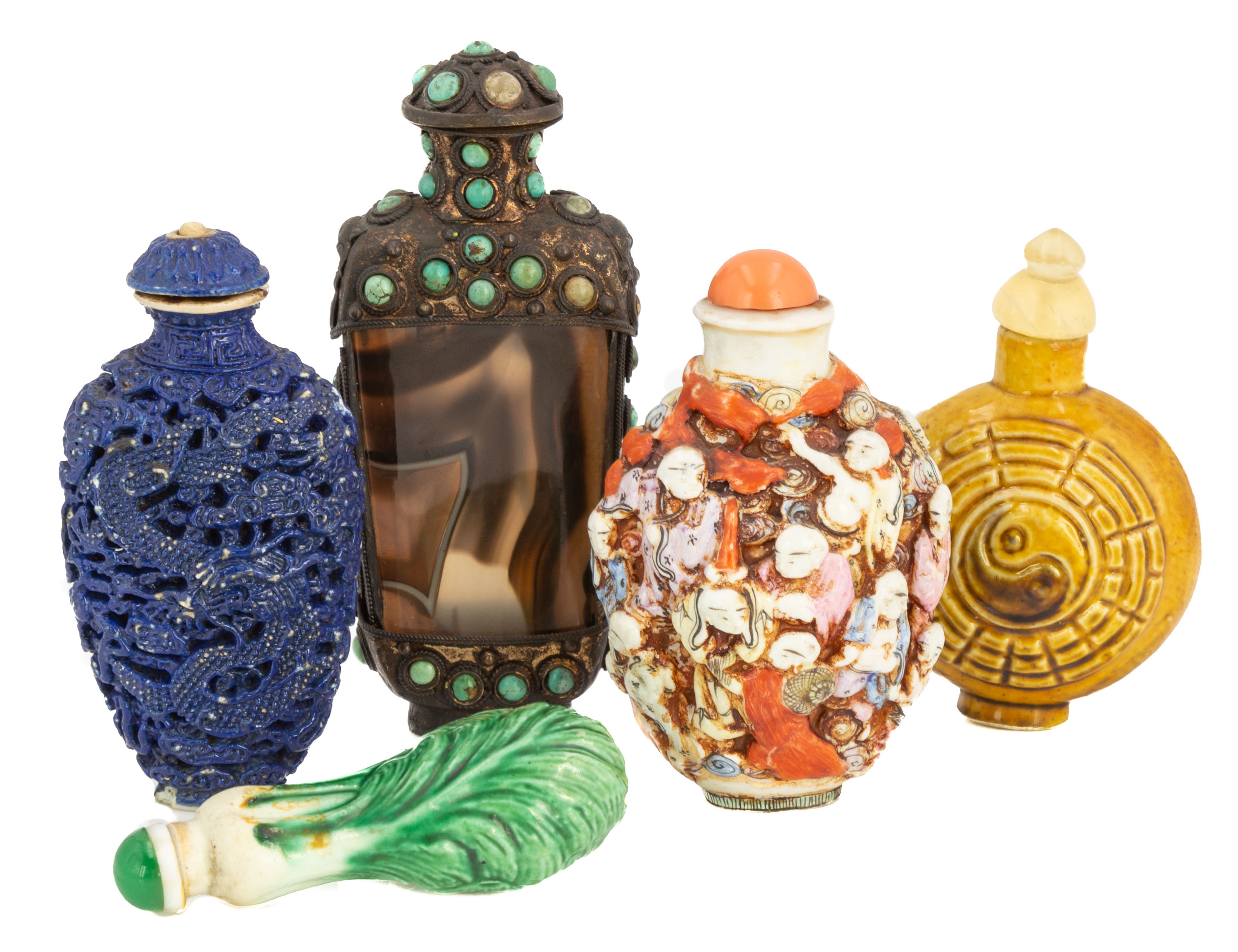 Appraisal: CHINESE SNUFF BOTTLES Porcelain enameled including faces Agate metal and