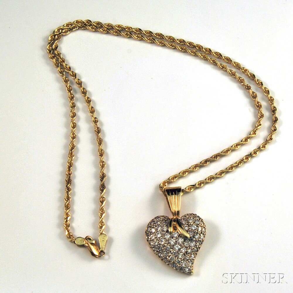 Appraisal: kt Gold and Diamond Heart Necklace a full-cut diamond melee