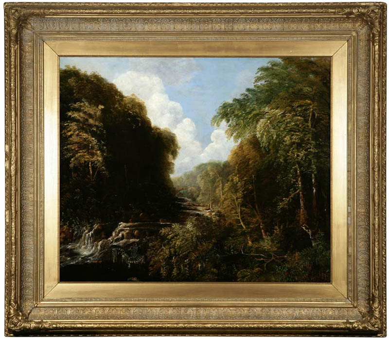 Appraisal: American School landscape with bridge and bird American School landscape