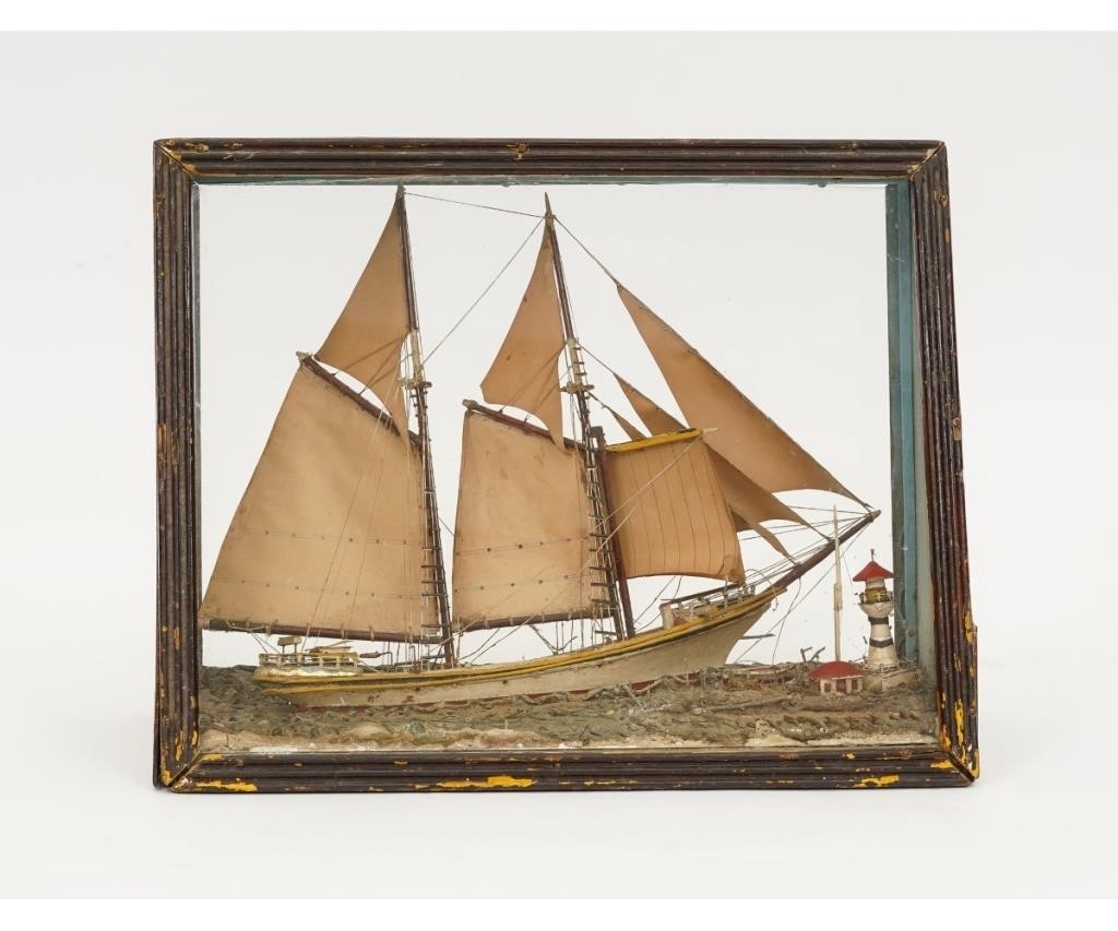 Appraisal: Ship diorama of a two-masted schooner in a slanted glass