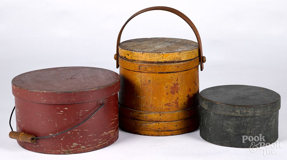 Appraisal: Ochre grain painted firkin th c etc Ochre grain painted