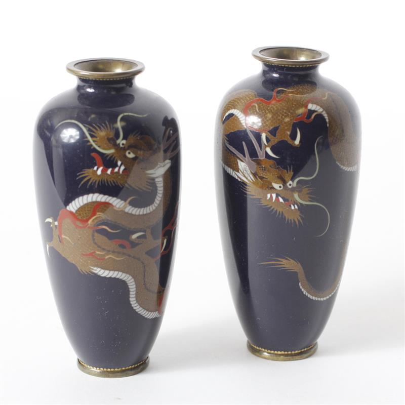 Appraisal: Pair Japanese Cloisonne Vases with dragon motif on dark blue