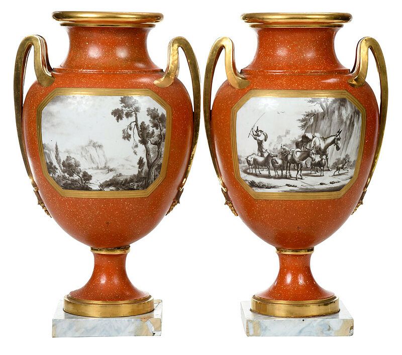 Appraisal: Fine Pair Sevres Coral Ground and Grisaille Urns French early