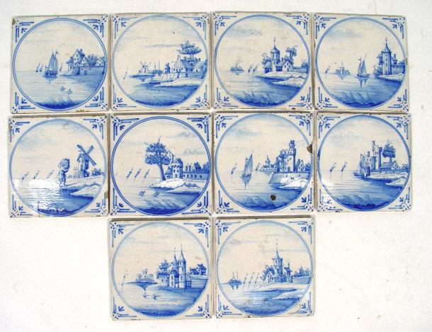 Appraisal: Ten Delft pottery tin glazed tiles hand painted with blue