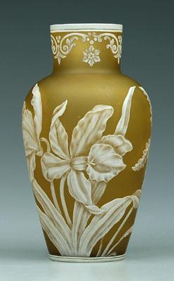 Appraisal: Cameo glass vase orchid decoration on pale olive ground unmarked