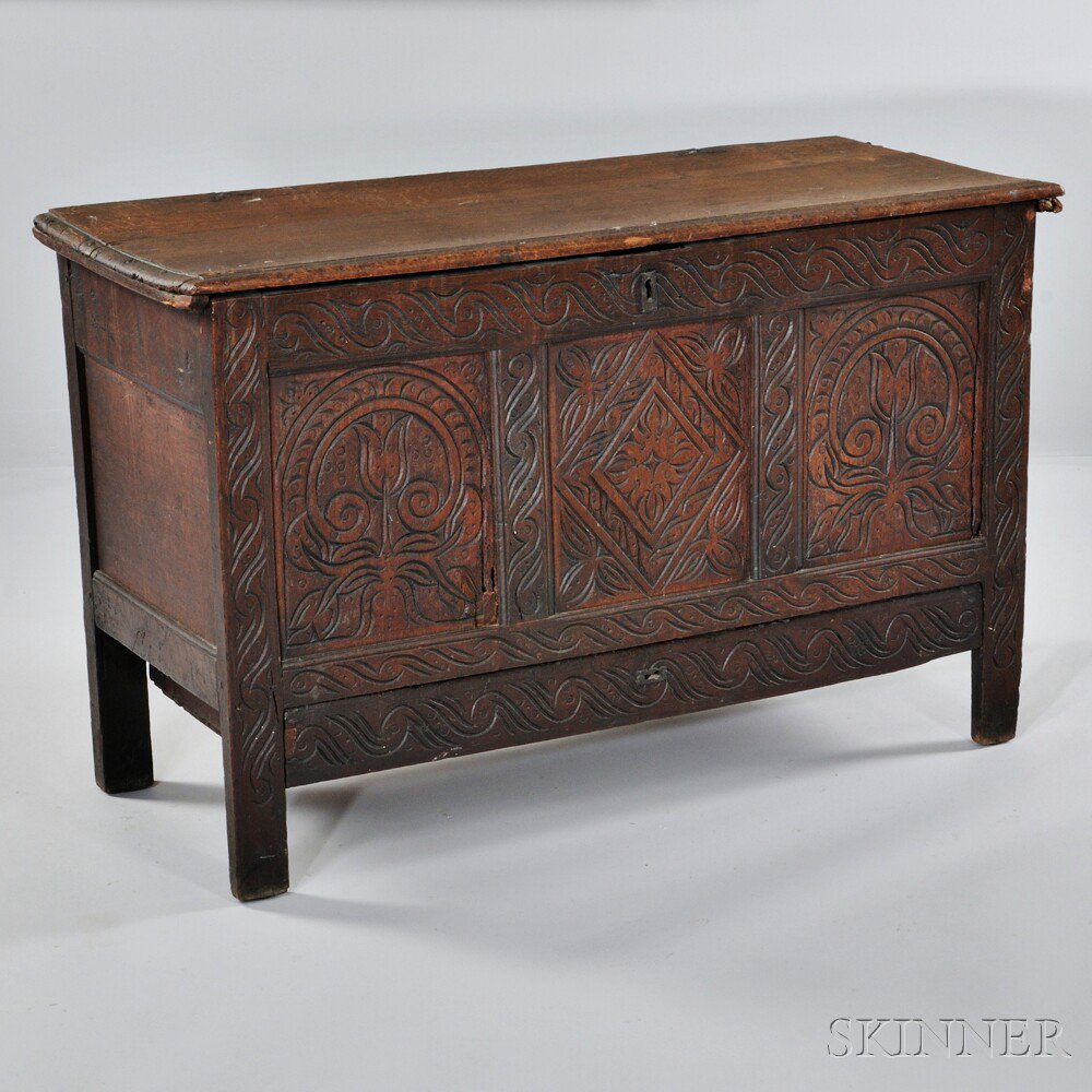 Appraisal: Charles II-style Carved Oak Mule Chest with a hinged lid