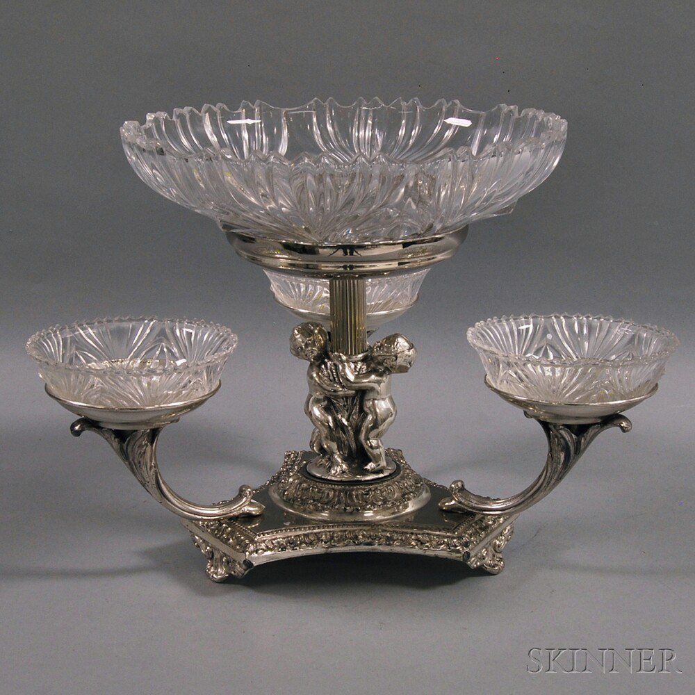 Appraisal: Silver-plated and Crystal Epergne the triform base resting on bracket