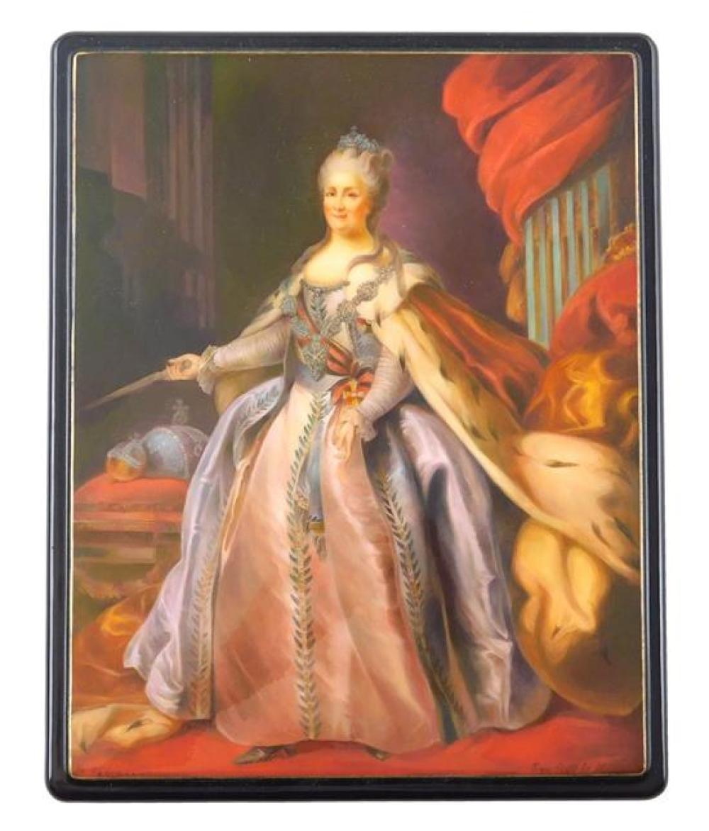 Appraisal: Russian hand-painted lacquer box Catherine the Great large size Fedoskino