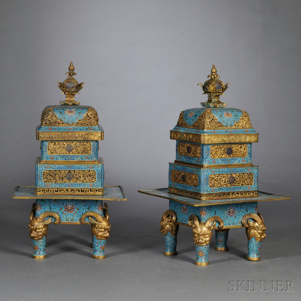 Appraisal: Pair of Covered Cloisonne Censers China th th century structured