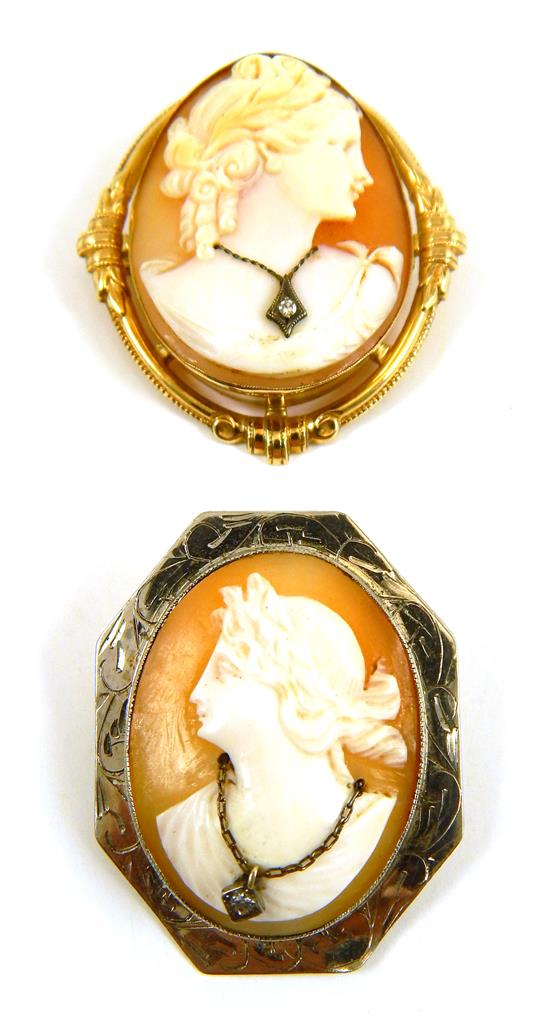 Appraisal: JEWELRY two carved shell cameo brooches one with K and