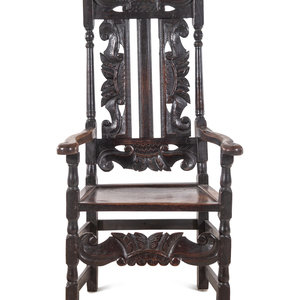 Appraisal: A William and Mary Carved Oak Armchair Late th Century