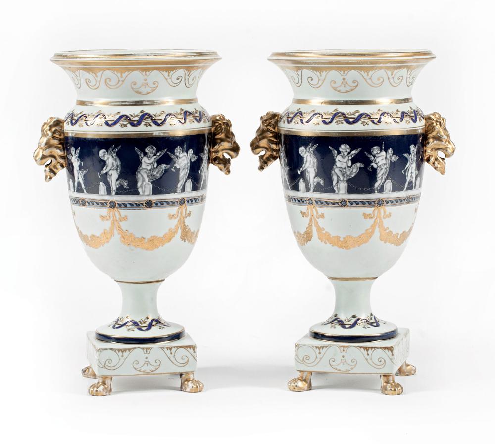 Appraisal: Pair of English Neoclassical-Style Polychrome and Gilt Porcelain Urns spurious