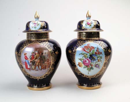 Appraisal: FINE PAIR OF HAND PAINTED DRESDEN COVERED JARS Two oval