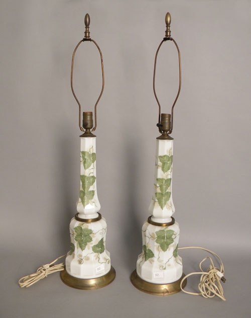 Appraisal: Pair of painted milk glass table lamps h together with