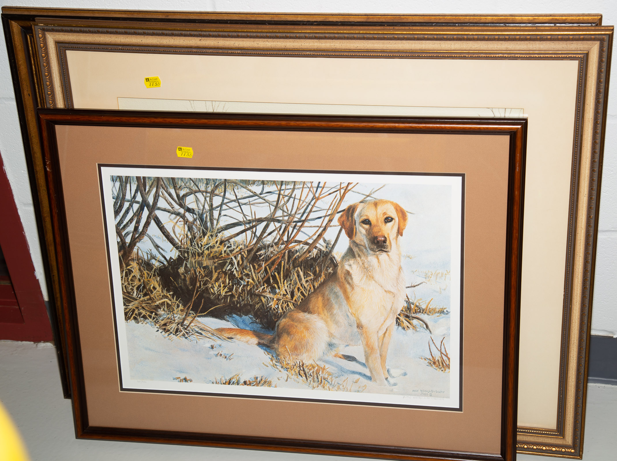 Appraisal: THREE FRAMED PRINTS Of a dog signed Brackeubury Of ducks