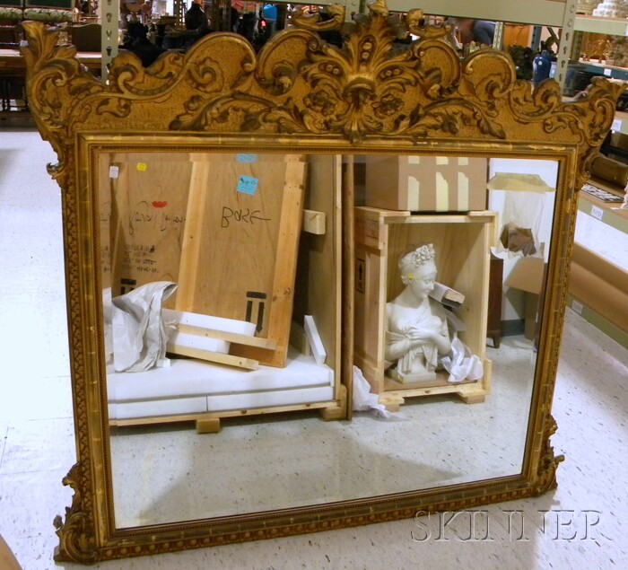 Appraisal: Large Louis XV-style Giltwood Overmantel Mirror with rectangular beveled glass