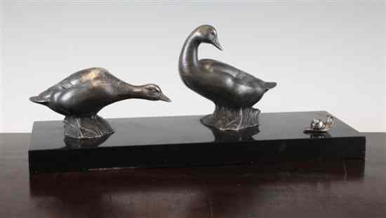 Appraisal: Irene Rochard An Art Deco spelter group of two geese