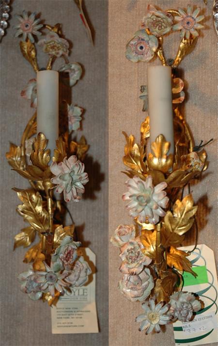 Appraisal: Pair of Porcelain Flower Decorated Gilt-Metal Sconces Estimate -