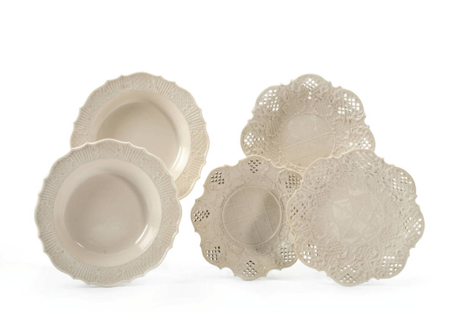 Appraisal: FIVE STAFFORDSHIRE SALTGLAZE DISHES AND BOWLS CIRCA - Comprising a