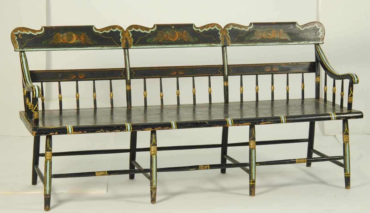 Appraisal: PENNSYLVANIA DEACON'S BENCHCirca In pine Painted decoration on a black