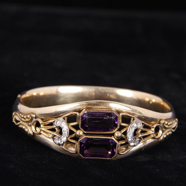 Appraisal: Victorian Gold Filled Hinged Bracelet with amethyst crystal jewels widest