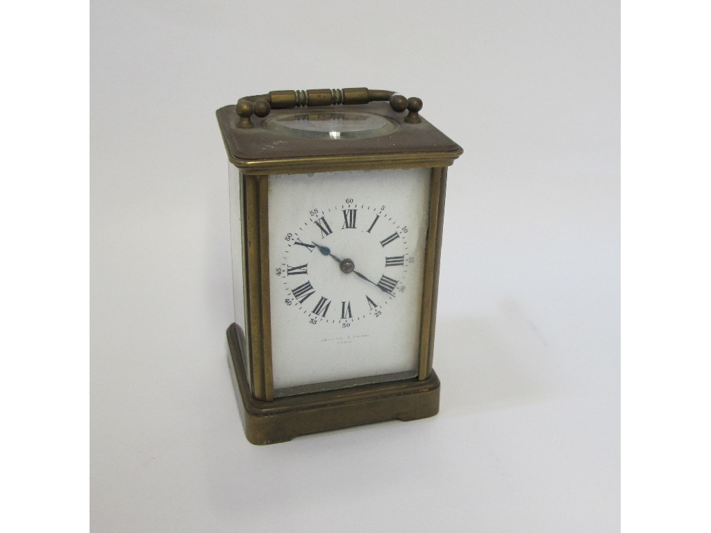 Appraisal: French brass cased carriage clock with white enamel dial and