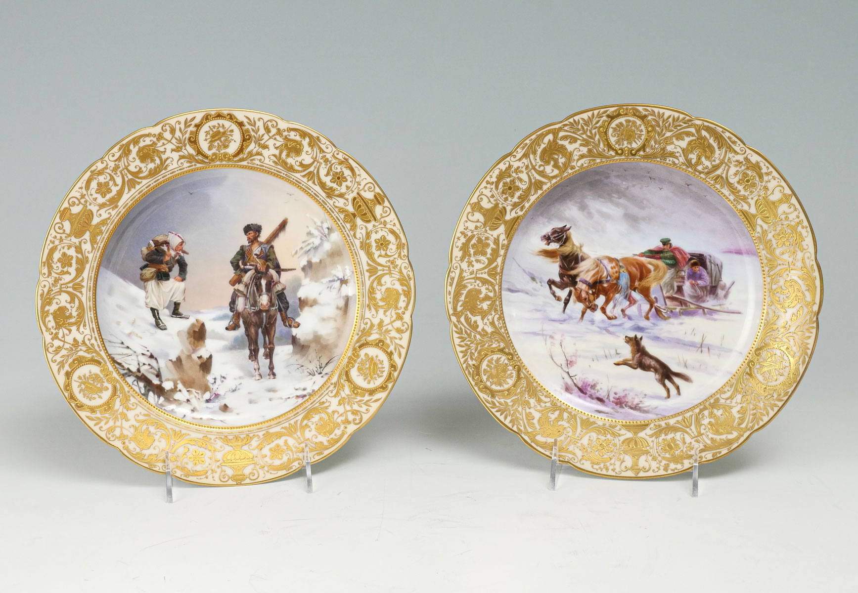 Appraisal: DRESDEN PAINTED PLATES WINTER HUNTING SCENES - Partial Gilt hand-painted