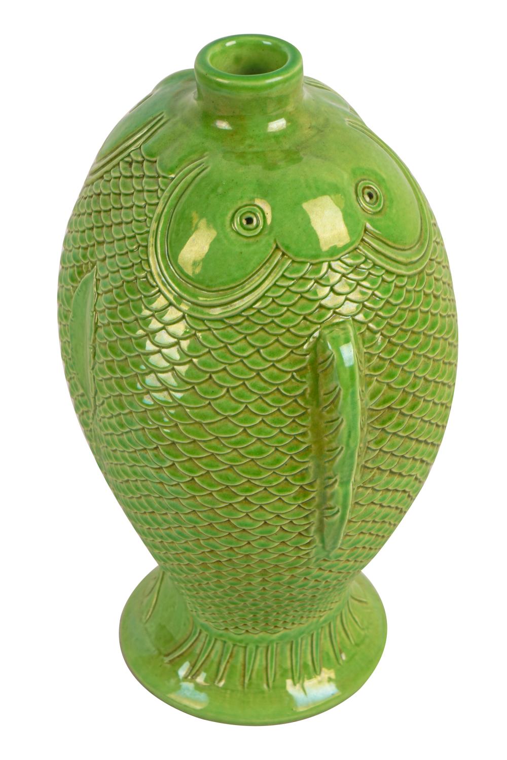 Appraisal: CHINESE GREEN GLAZED 'FISH' FORM CERAMIC VASEwith seal to underside