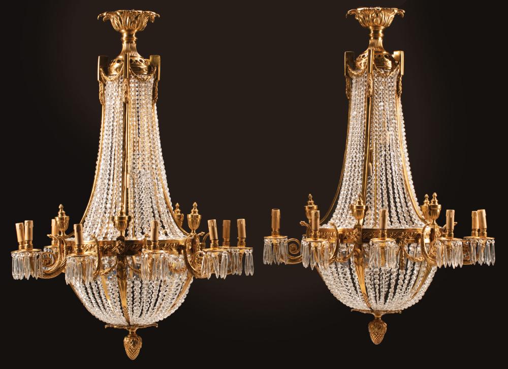 Appraisal: Pair of French Neoclassical-Style Bronze and Crystal Ten-Light Chandeliers th