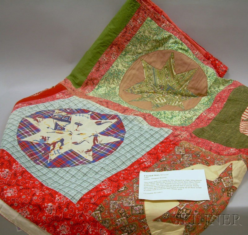 Appraisal: Three Pieced Cotton Quilts a hand-stitched and embroidered figural pattern