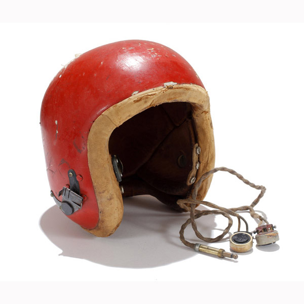 Appraisal: Early red jet aviator's helmet w radio equipment A gift